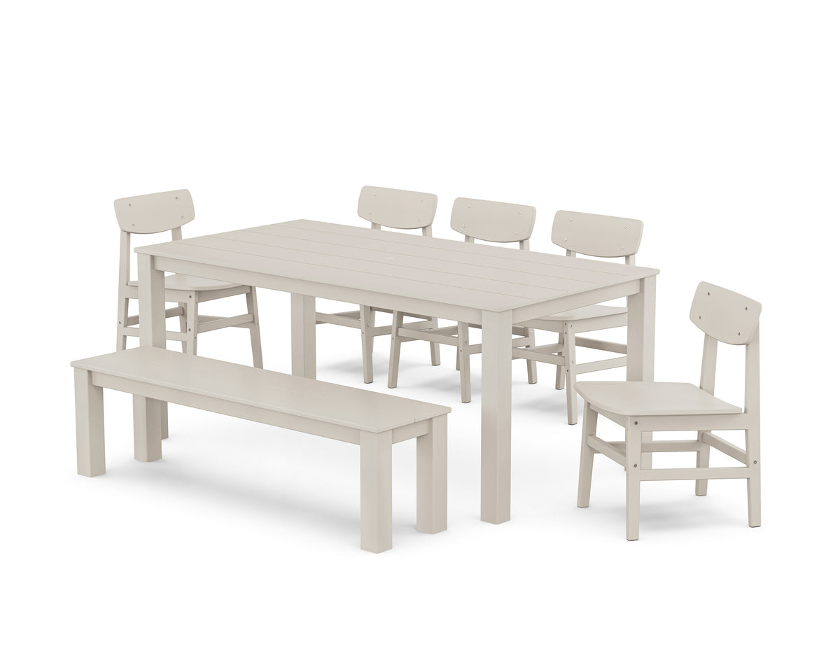 POLYWOOD Modern Studio Urban Chair 7-Piece Parsons Dining Set with Bench in Sand