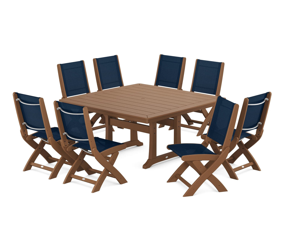 POLYWOOD Coastal Folding Side Chair 9-Piece Dining Set with Trestle Legs in Teak / Navy Blue
