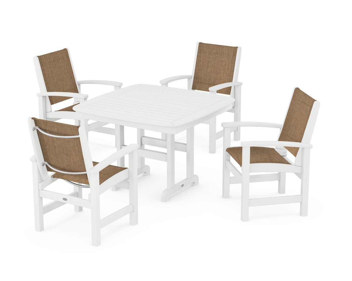 POLYWOOD Coastal 5-Piece Dining Set with Nautical 44" Dining Table in White / Burlap