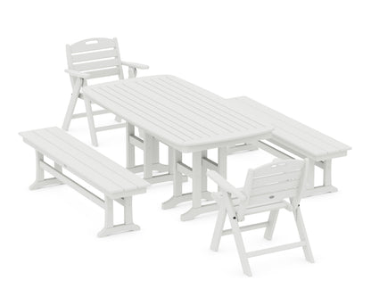 POLYWOOD Nautical Lowback 5-Piece Dining Set with Benches in Vintage White