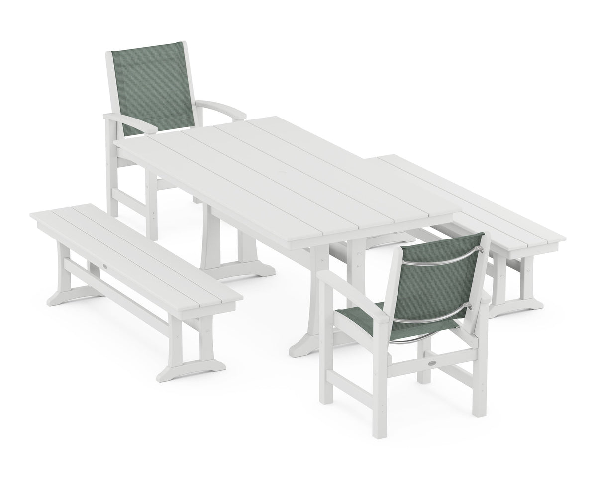 POLYWOOD Coastal 5-Piece Farmhouse Dining Set with Trestle Legs and Benches in White / Dupioni Sea Mist
