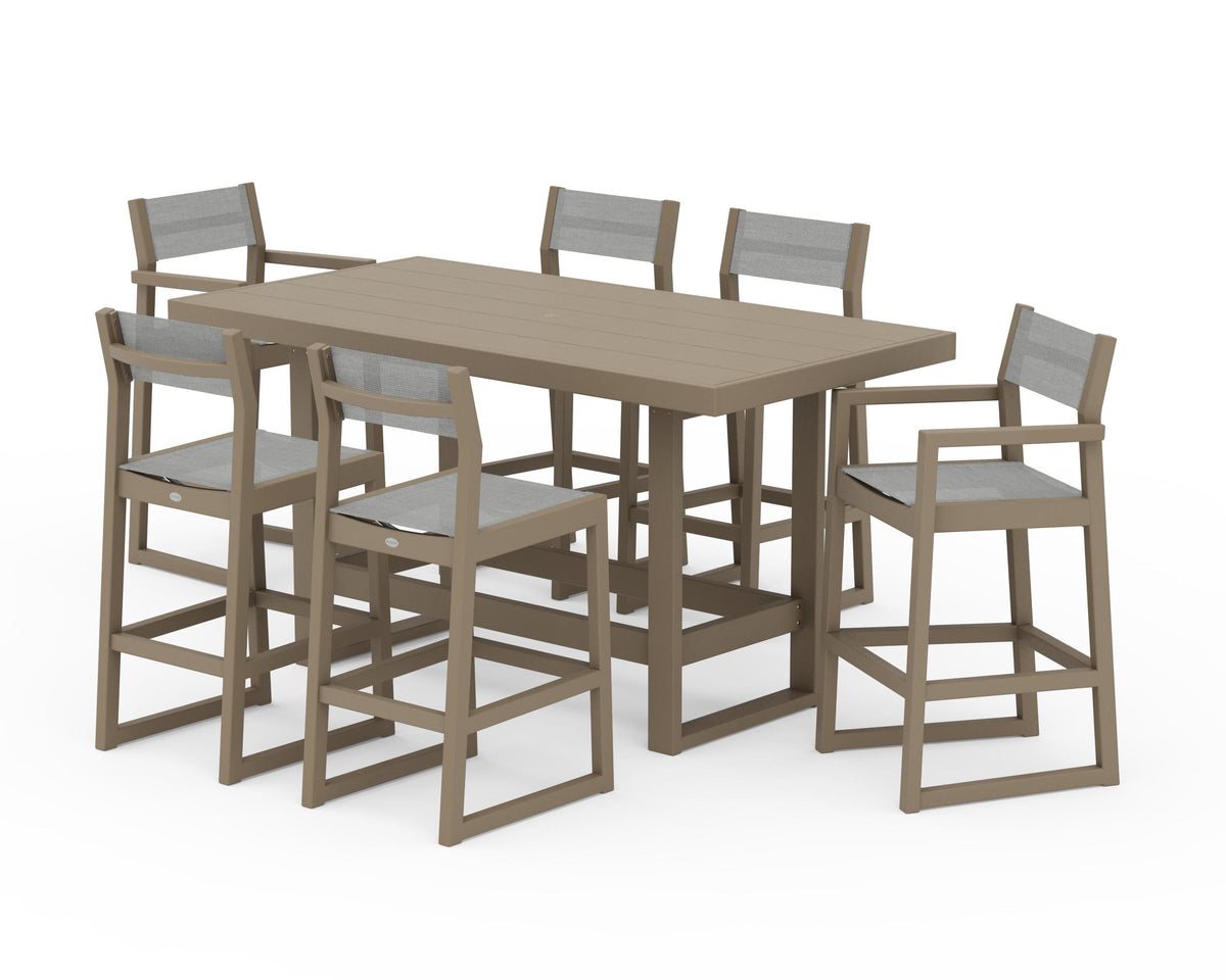 POLYWOOD EDGE Sling 7-Piece Bar Table Set in Vintage Sahara / Metallic