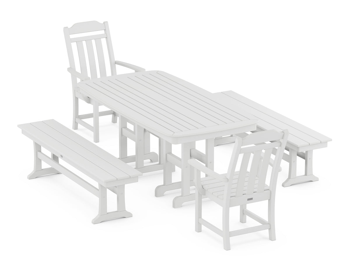 POLYWOOD Cottage 5-Piece Dining Set with Benches in White