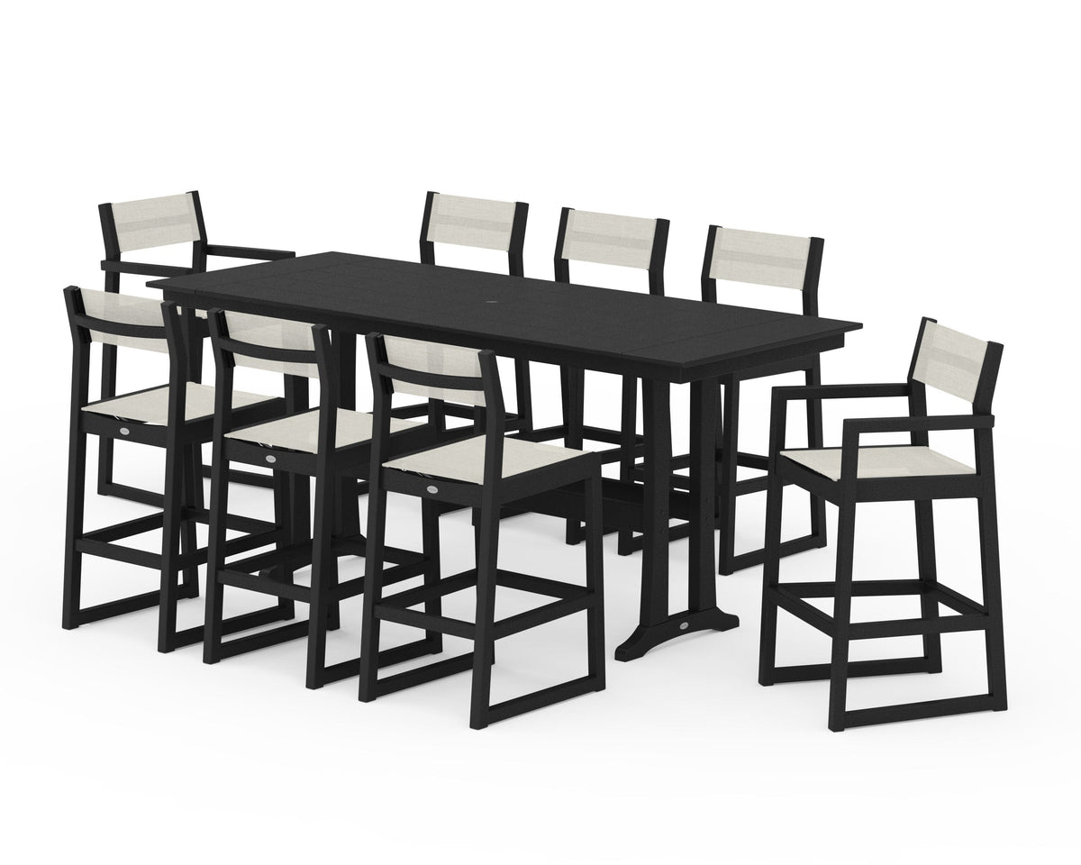 POLYWOOD EDGE Sling 9-Piece Farmhouse Bar Set with Trestle Legs in Black / Parchment