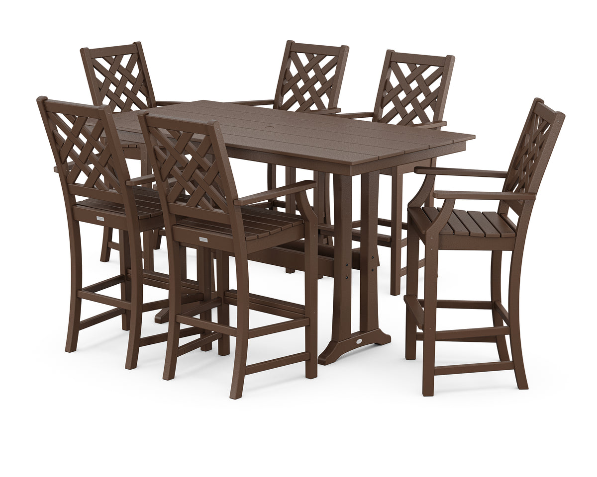 POLYWOOD Country Living Wovendale Arm Chair 7-Piece Farmhouse Bar Set with Trestle Legs in Mahogany