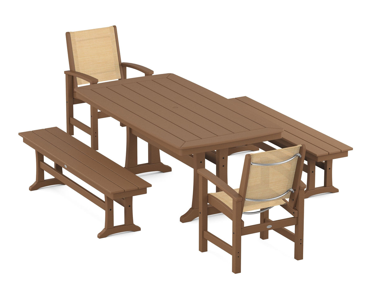 POLYWOOD Coastal 5-Piece Dining Set with Trestle Legs and Benches in Teak / Dupioni Apricot