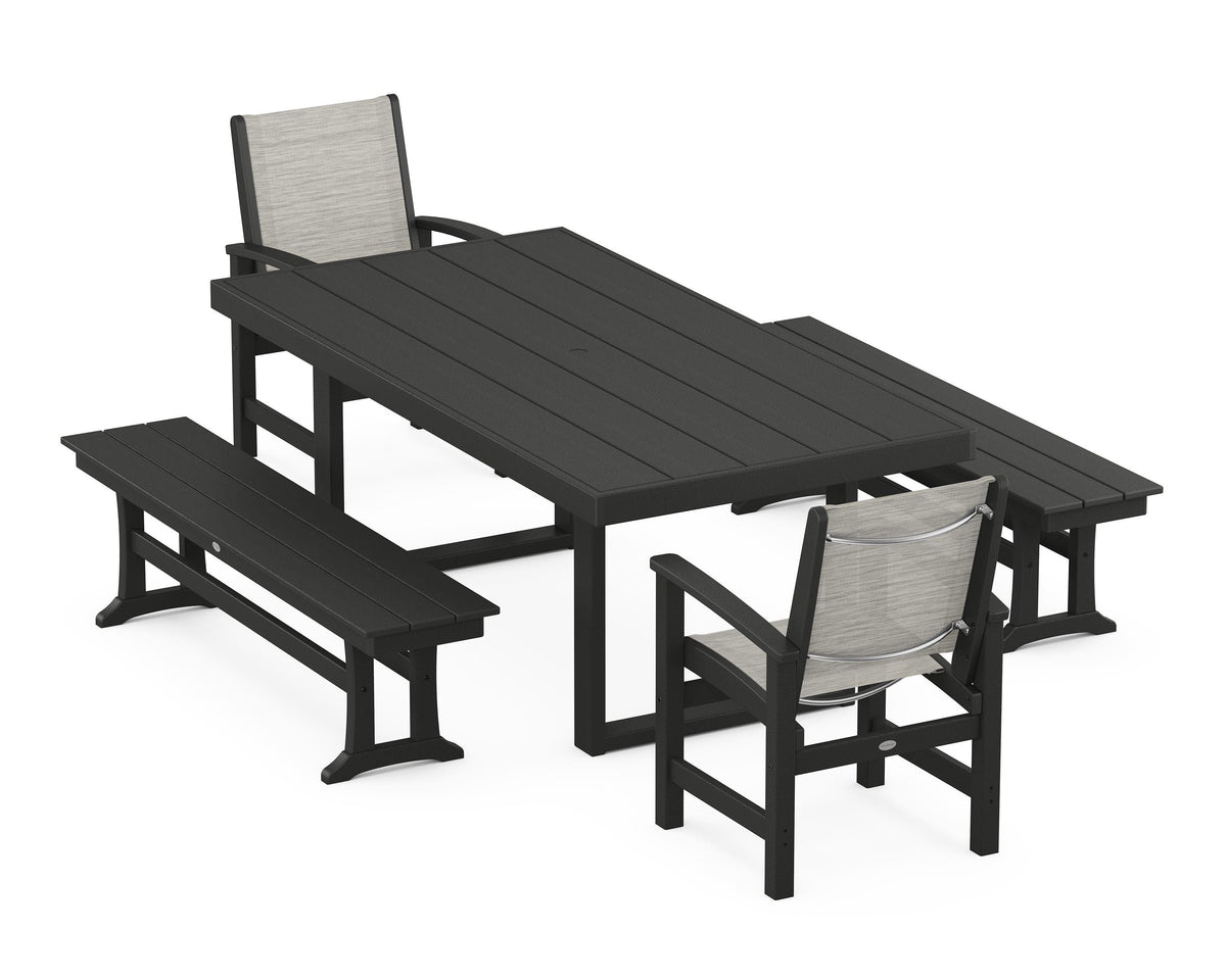 POLYWOOD Coastal 5-Piece Dining Set with Trestle Legs with EDGE 40" x 78" Dining Table in Black / Birch