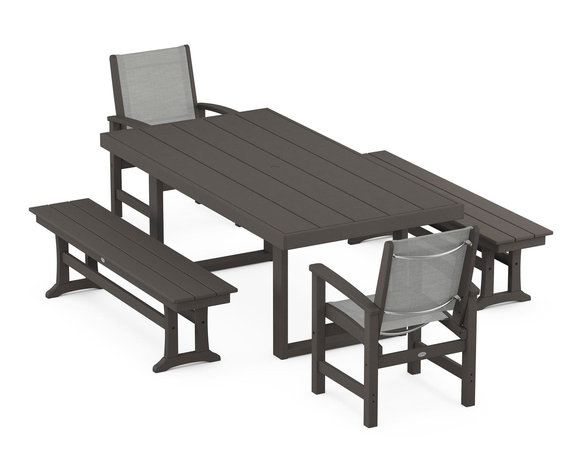POLYWOOD Coastal 5-Piece Dining Set with Trestle Legs with EDGE 40" x 78" Dining Table in Vintage Coffee / Metallic