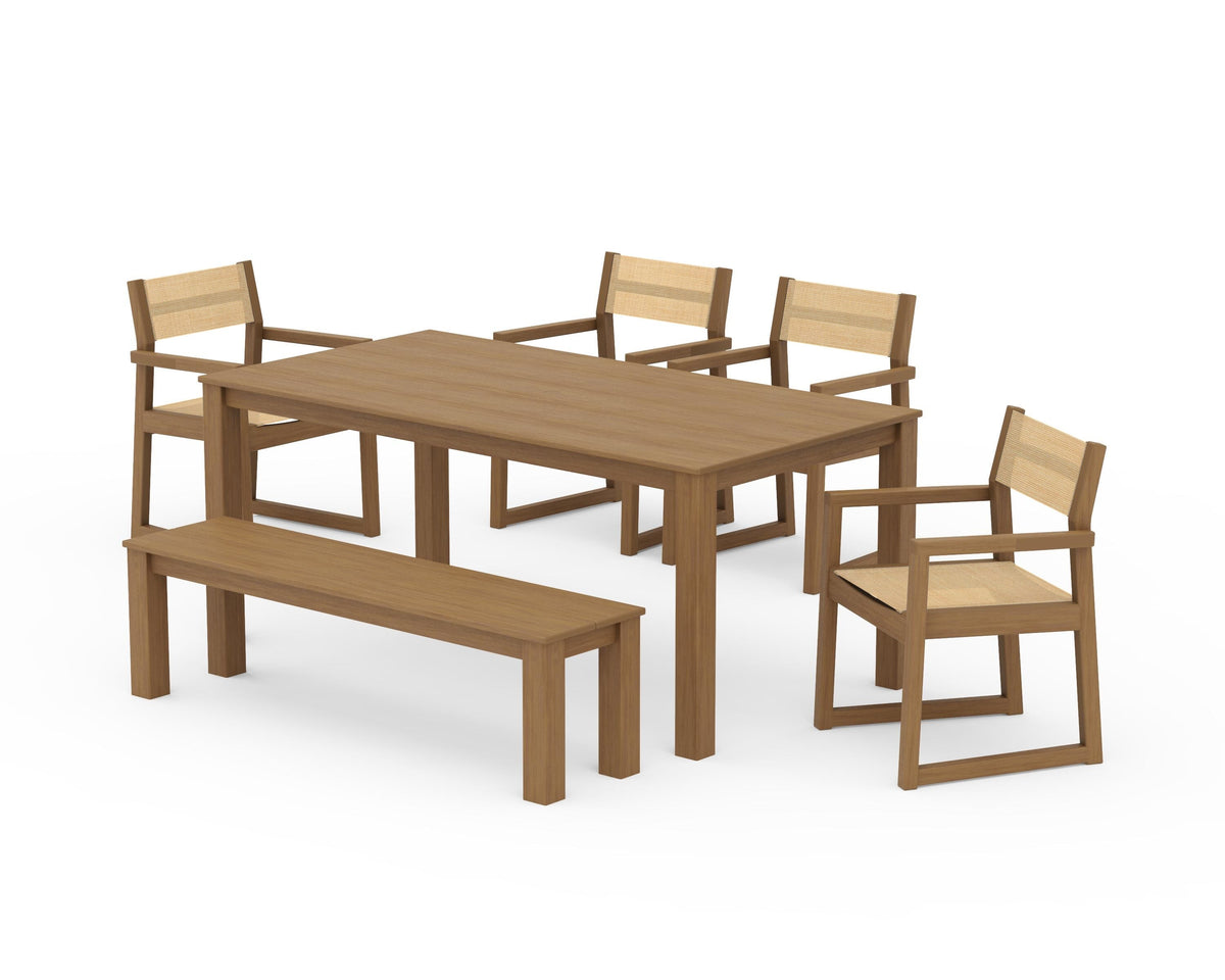 POLYWOOD EDGE Sling Arm Chair 6-Piece Parsons Dining Set with Bench in Natural / Dupioni Apricot
