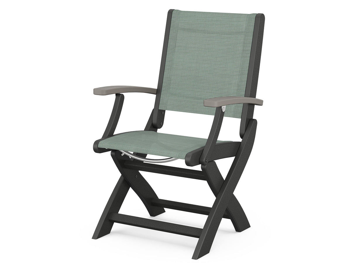 POLYWOOD Coastal Folding Chair in Black with Driftwood arms and Dupioni Sea Mist sling
