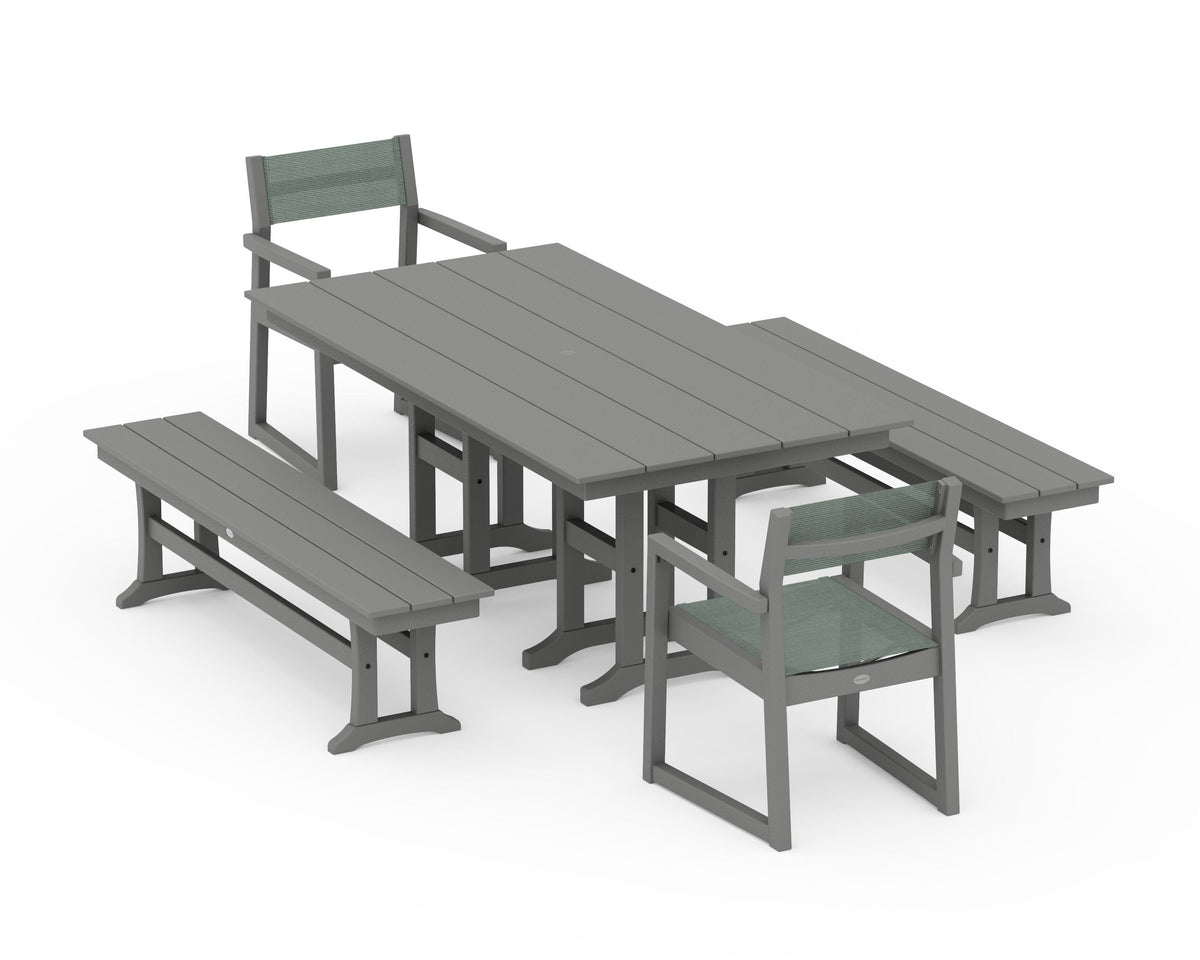 POLYWOOD EDGE Sling Arm Chair 5-Piece Farmhouse Dining Set with Benches in Slate Grey / Dupioni Sea Mist