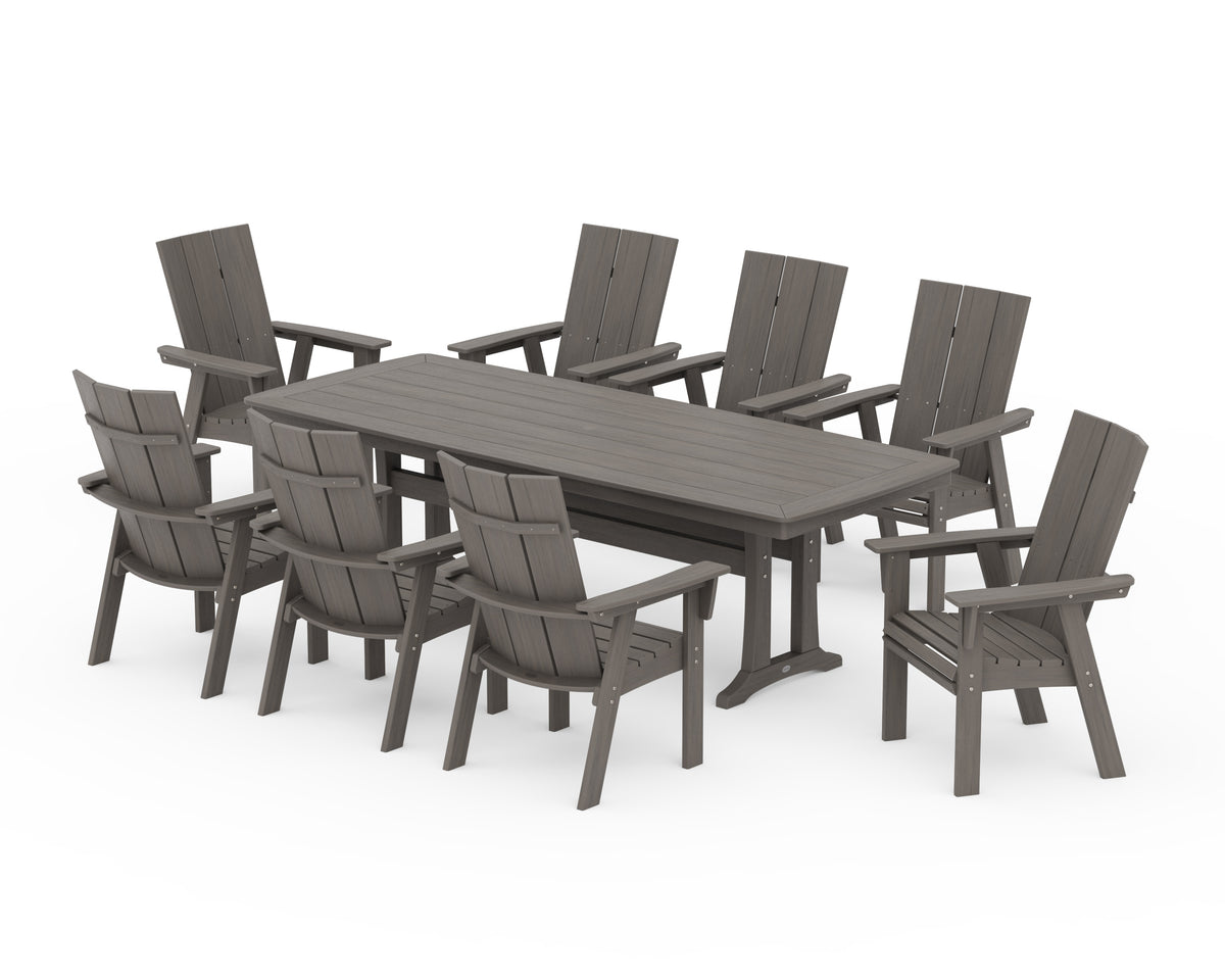 POLYWOOD Modern Curveback Adirondack 9-Piece Dining Set with Trestle Legs in Driftwood