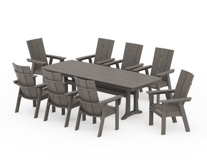 POLYWOOD Modern Curveback Adirondack 9-Piece Dining Set with Trestle Legs in Driftwood