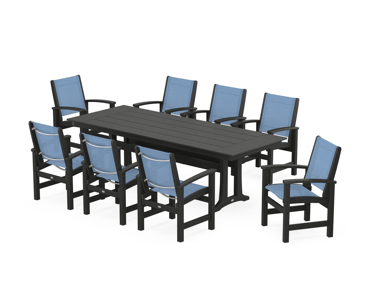 POLYWOOD Coastal 9-Piece Farmhouse Dining Set with Trestle Legs in Black / Poolside