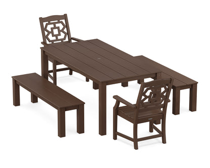 POLYWOOD Chinoiserie 5-Piece Parsons Dining Set with Benches in Mahogany