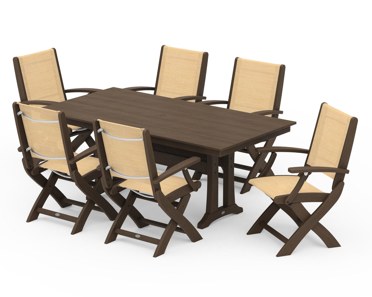 POLYWOOD Coastal Folding Arm Chair 7-Piece Farmhouse Dining Set with Trestle Legs in Kona / Dupioni Apricot