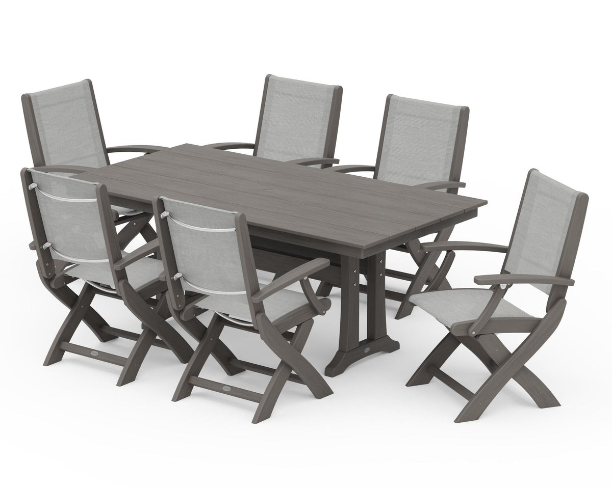 POLYWOOD Coastal Folding Arm Chair 7-Piece Farmhouse Dining Set with Trestle Legs in Driftwood / Metallic