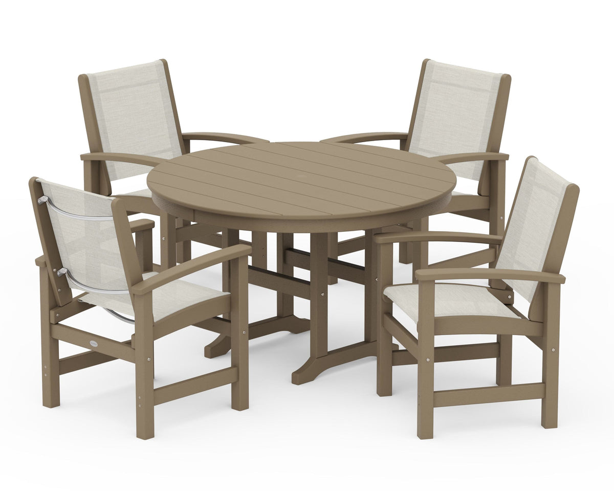 POLYWOOD Coastal 5-Piece Round Farmhouse Dining Set in Vintage Sahara / Parchment