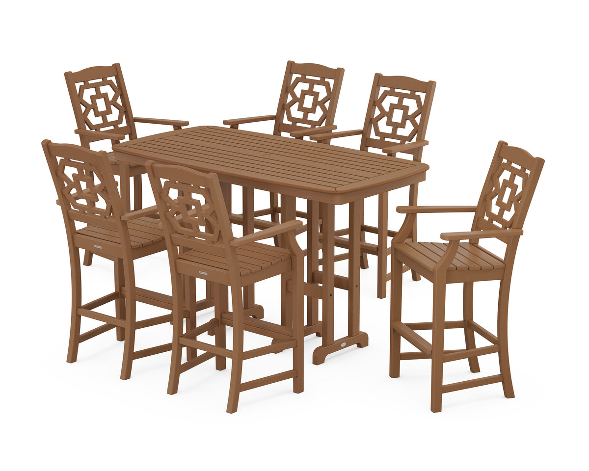 POLYWOOD Chinoiserie Arm Chair 7-Piece Bar Set in Teak
