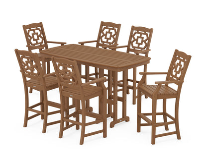 POLYWOOD Chinoiserie Arm Chair 7-Piece Bar Set in Teak