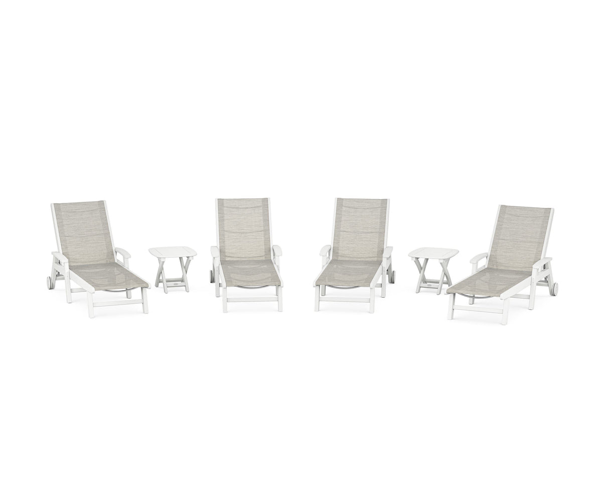 POLYWOOD Coastal Chaise 6-Piece Set with Wheels in White / Birch