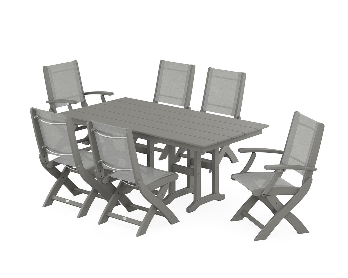 POLYWOOD Coastal Folding Chair 7-Piece Farmhouse Dining Set in Slate Grey / Metallic