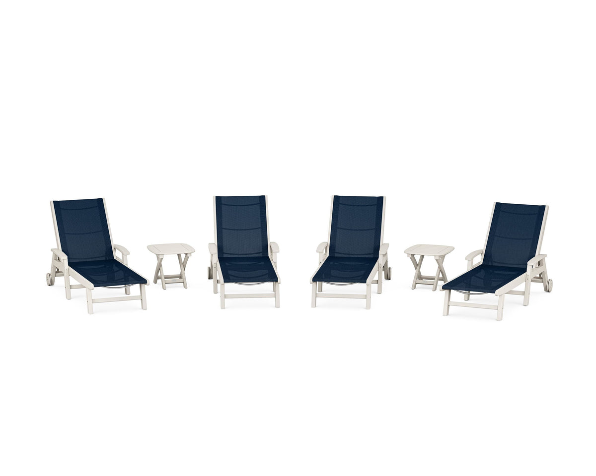 POLYWOOD Coastal Chaise 6-Piece Set with Wheels in Sand / Navy Blue