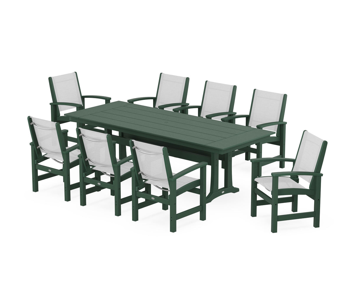 POLYWOOD Coastal 9-Piece Farmhouse Dining Set with Trestle Legs in Green / White