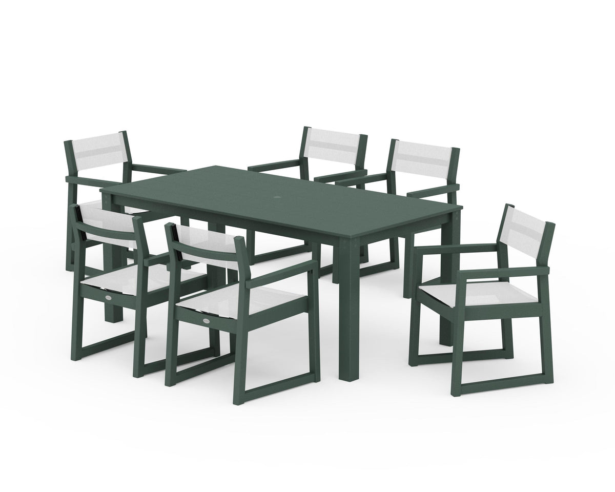 POLYWOOD EDGE Sling Arm Chair 7-Piece Parsons Dining Set in Green / White