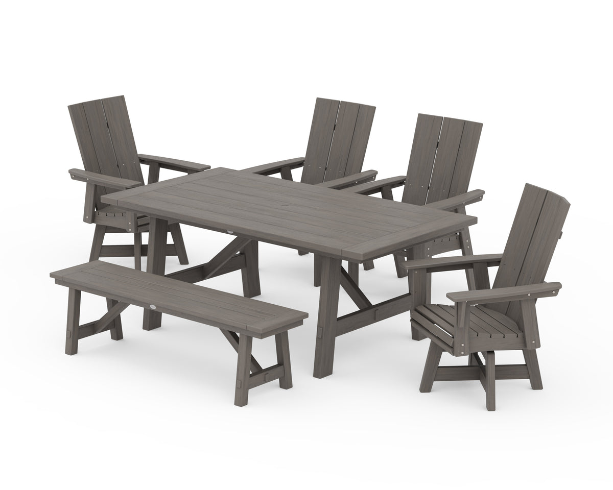 POLYWOOD Modern Curveback Adirondack Swivel Chair 6-Piece Rustic Farmhouse Dining Set with Bench in Driftwood