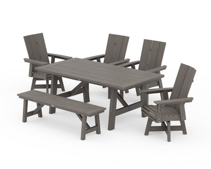 POLYWOOD Modern Curveback Adirondack Swivel Chair 6-Piece Rustic Farmhouse Dining Set with Bench in Driftwood