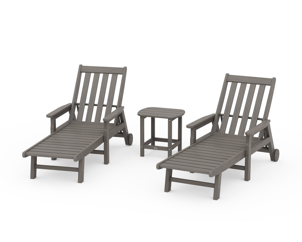 POLYWOOD Vineyard 3-Piece Chaise with Arms and Wheels Set in Driftwood