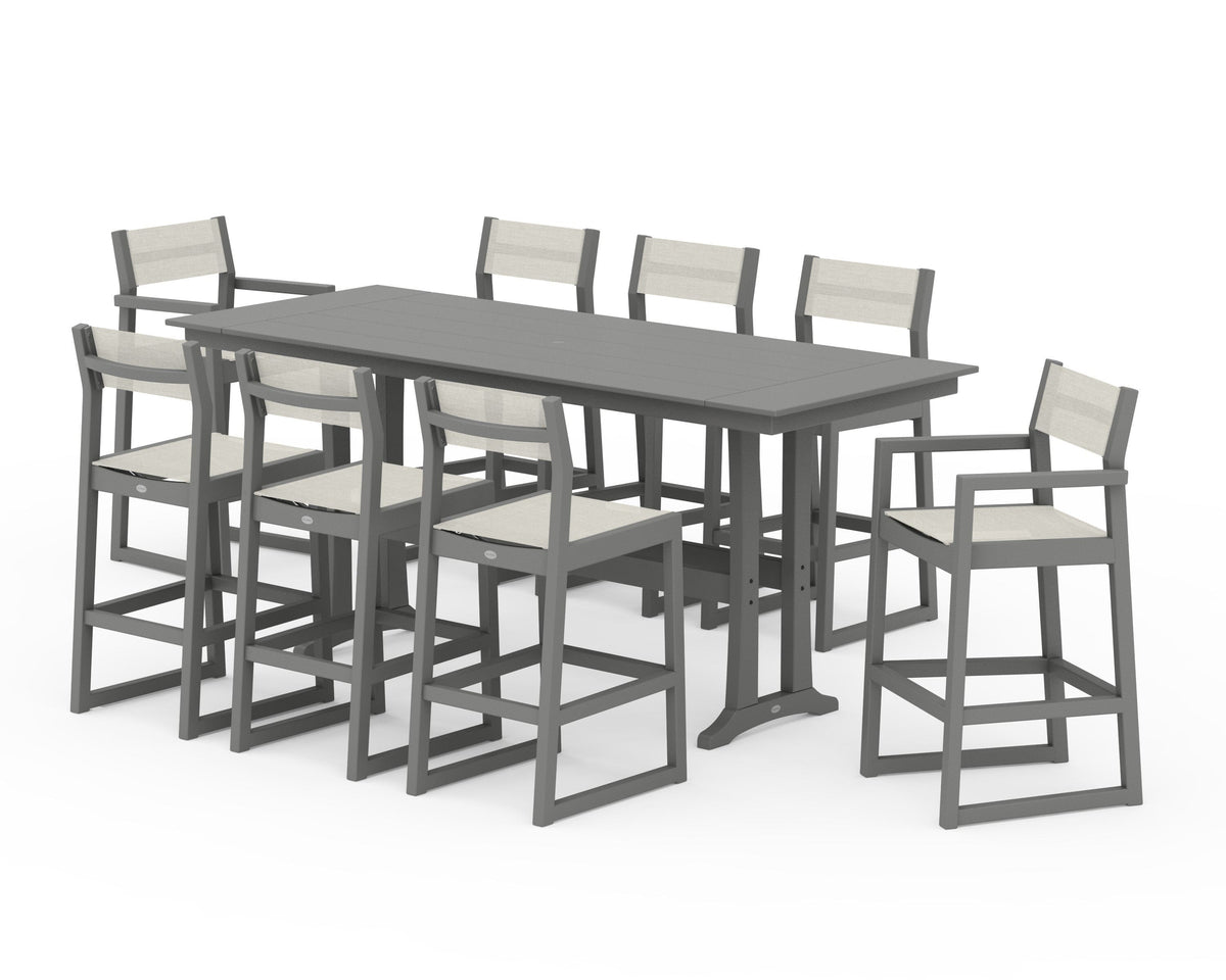 POLYWOOD EDGE Sling 9-Piece Farmhouse Bar Set with Trestle Legs in Slate Grey / Parchment