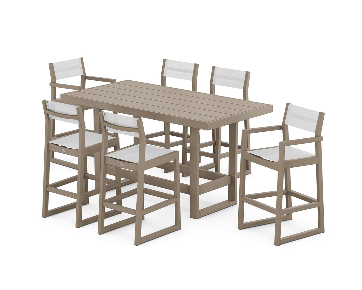 POLYWOOD EDGE Sling 7-Piece Bar Table Set in Vintage Sahara / White