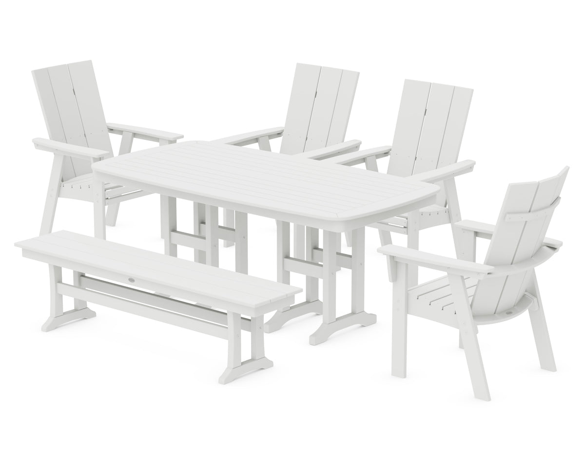 POLYWOOD Modern Curveback Adirondack 6-Piece Dining Set with Bench in White