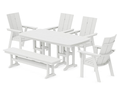 POLYWOOD Modern Curveback Adirondack 6-Piece Dining Set with Bench in White