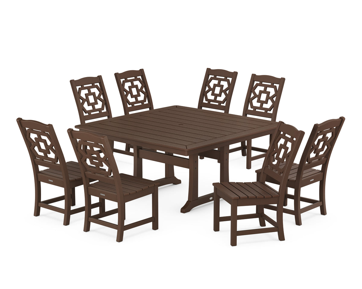 POLYWOOD Chinoiserie 9-Piece Square Side Chair Dining Set with Trestle Legs in Mahogany