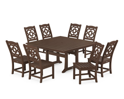 POLYWOOD Chinoiserie 9-Piece Square Side Chair Dining Set with Trestle Legs in Mahogany