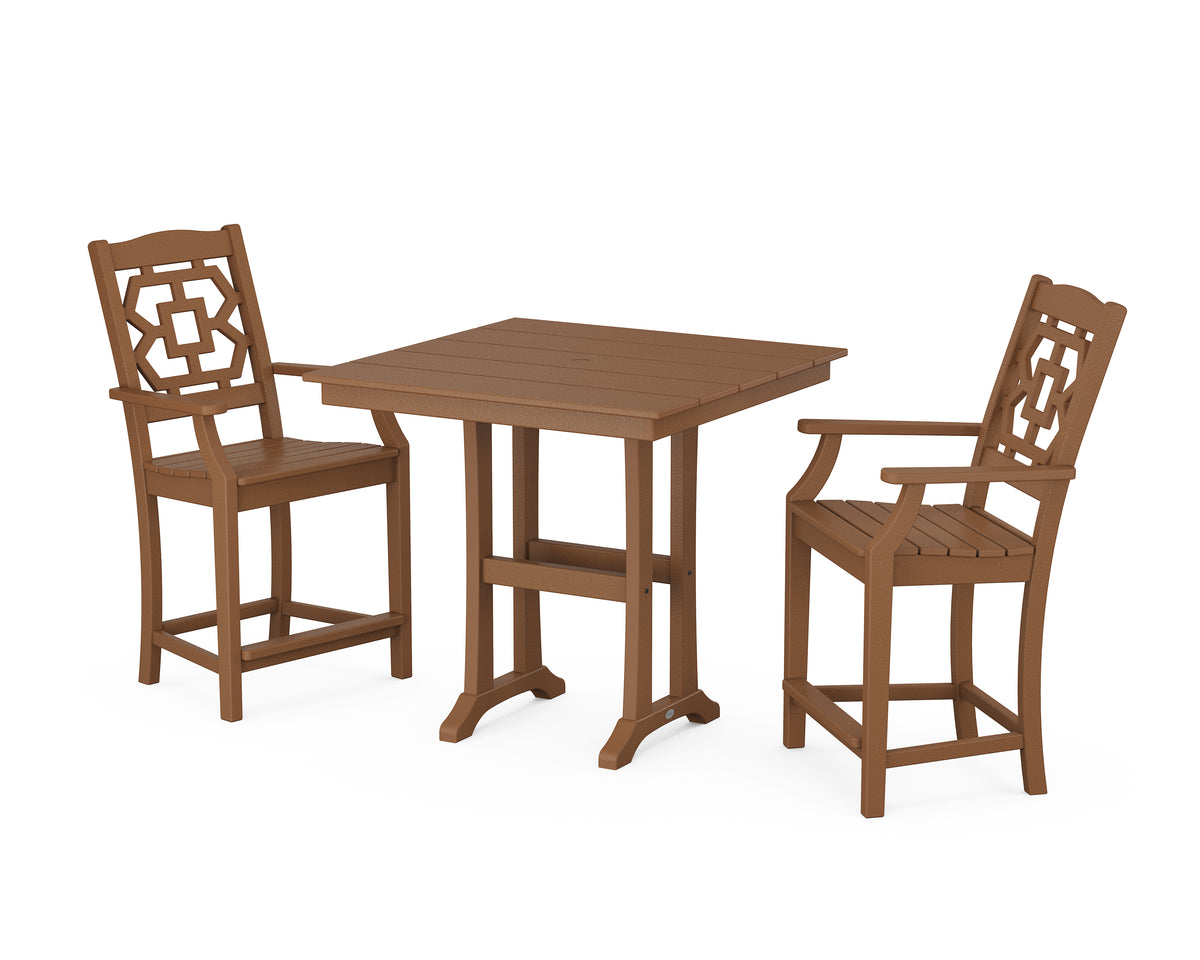 POLYWOOD Chinoiserie 3-Piece Farmhouse Counter Set with Trestle Legs in Teak