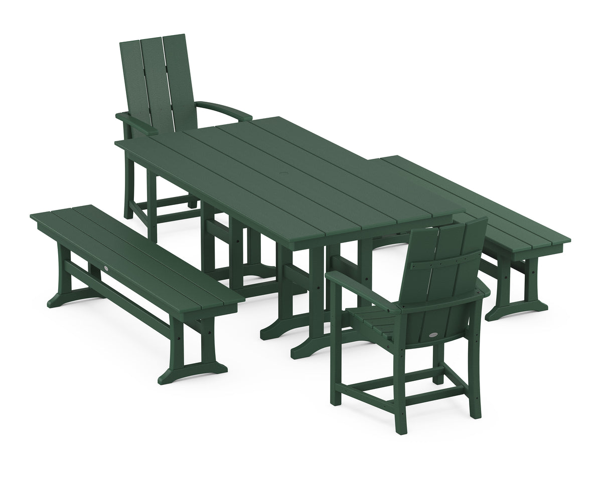 POLYWOOD Modern Adirondack 5-Piece Farmhouse Dining Set with Benches - 37" x 72" Table in Green