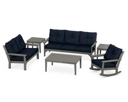 POLYWOOD Vineyard 6-Piece Deep Seating Set with Rocking Chair in Slate Grey / Marine Indigo
