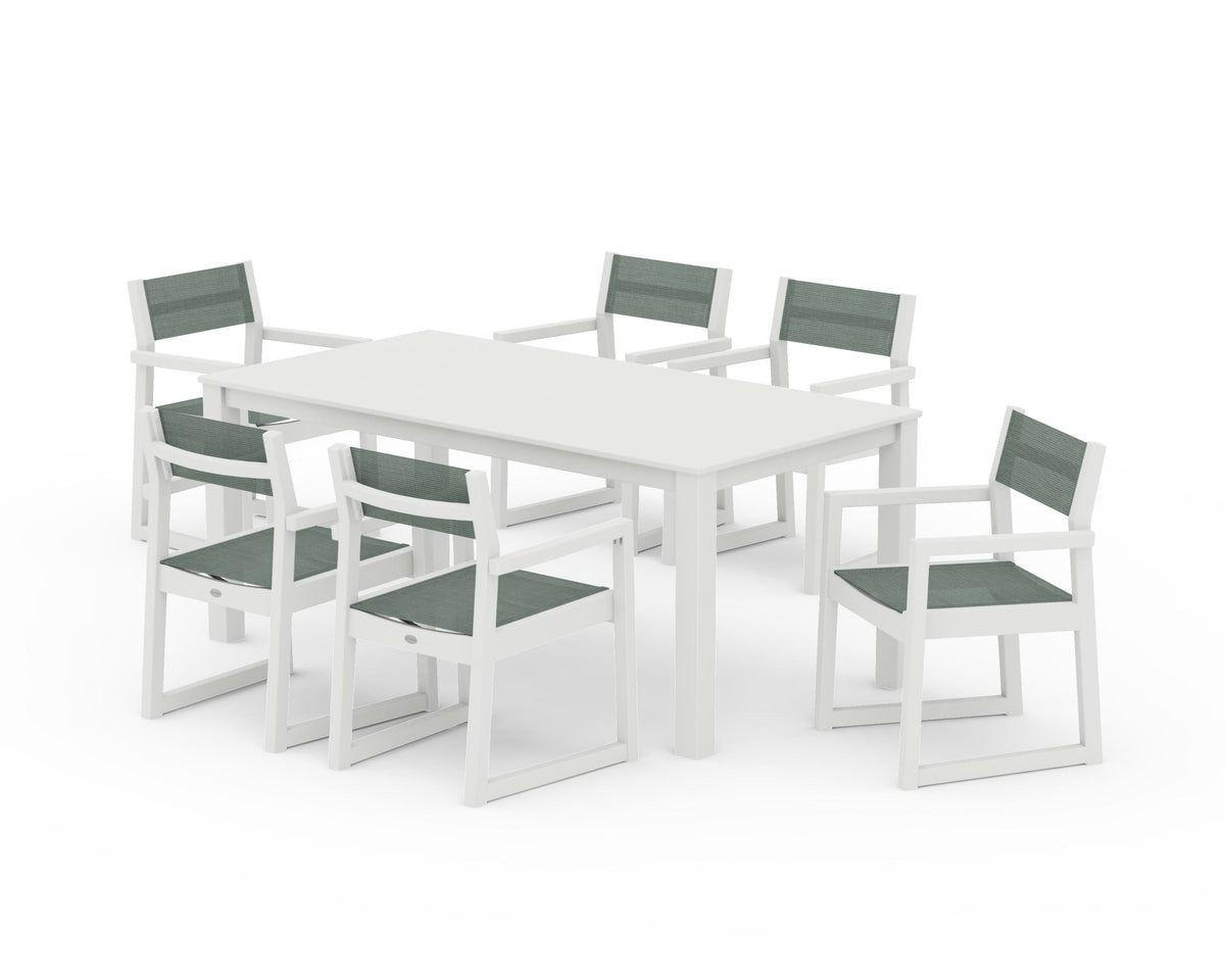 POLYWOOD EDGE Sling Arm Chair 7-Piece Parsons Dining Set in Vintage White / Dupioni Sea Mist