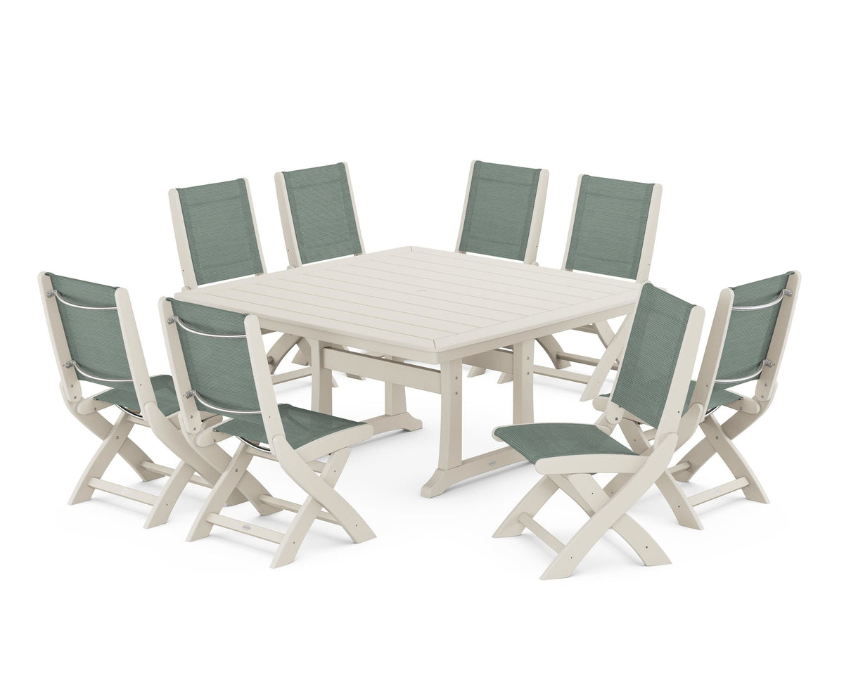 POLYWOOD Coastal Folding Side Chair 9-Piece Dining Set with Trestle Legs in Sand / Dupioni Sea Mist