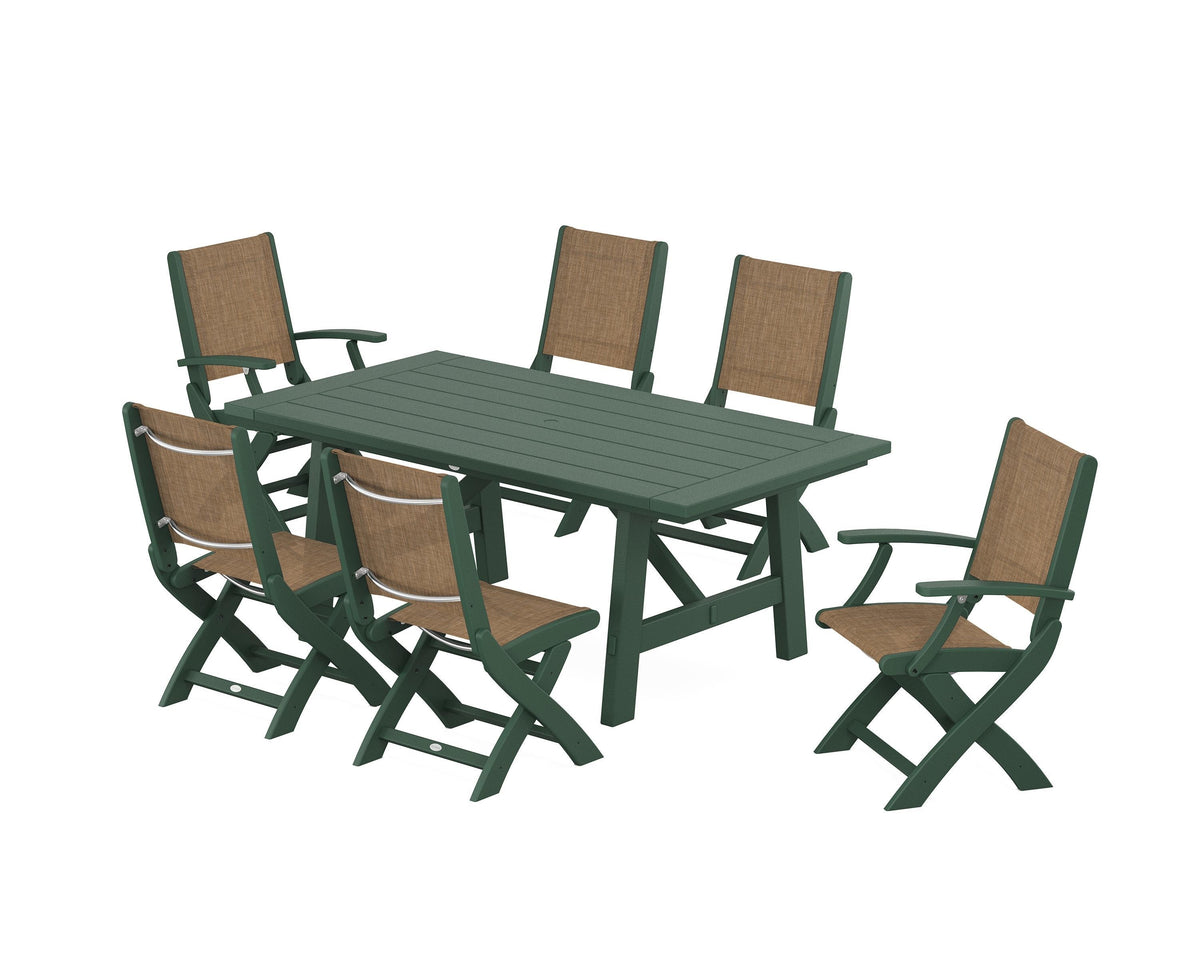 POLYWOOD Coastal Folding Chair 7-Piece Rustic Farmhouse Dining Set in Green / Burlap