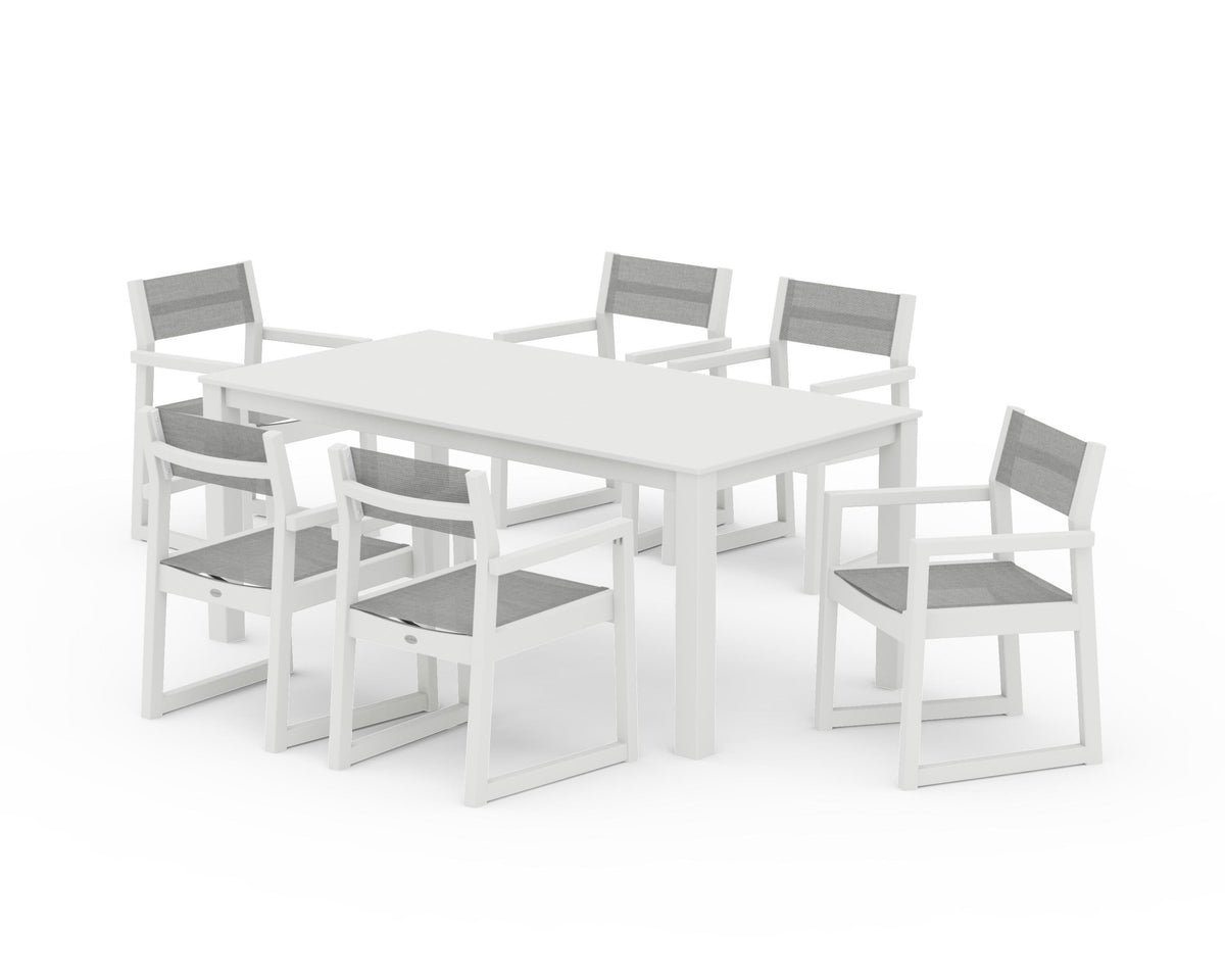POLYWOOD EDGE Sling Arm Chair 7-Piece Parsons Dining Set in Vintage White / Metallic