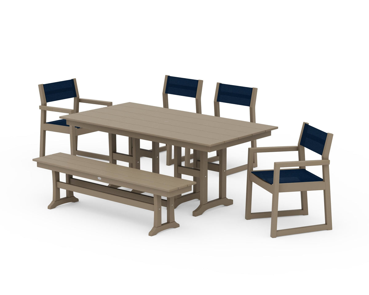 POLYWOOD EDGE Sling 6-Piece Farmhouse Dining Set in Vintage Sahara / Navy Blue