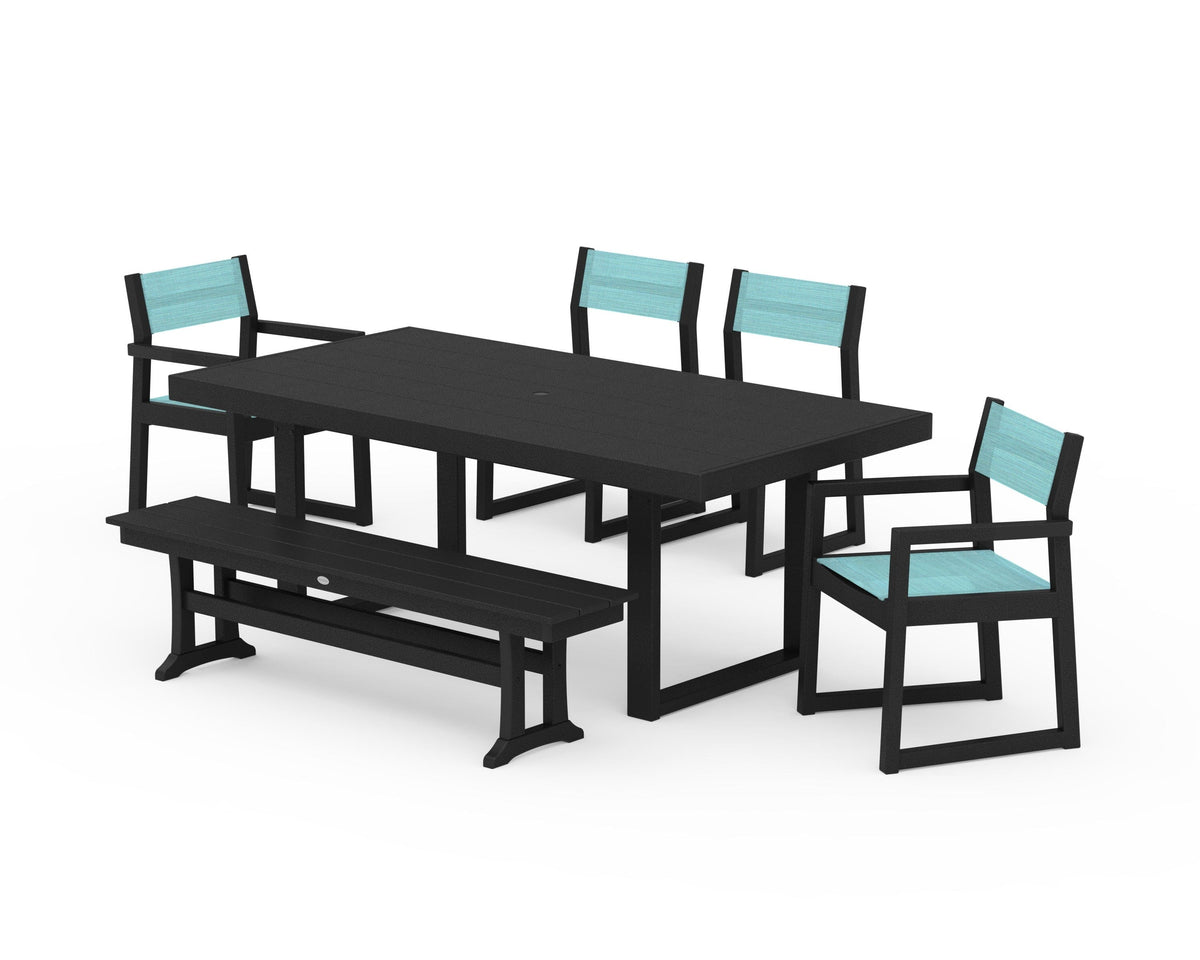 POLYWOOD EDGE Sling 6-Piece Dining Set with Bench in Black / Dupioni Aquamarine