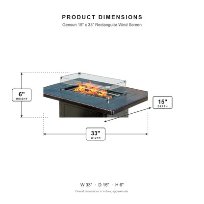 Gensun 15" x 33" Rectangular Wind Screen dimensions: 33 in W x 15 in D x 6 in H