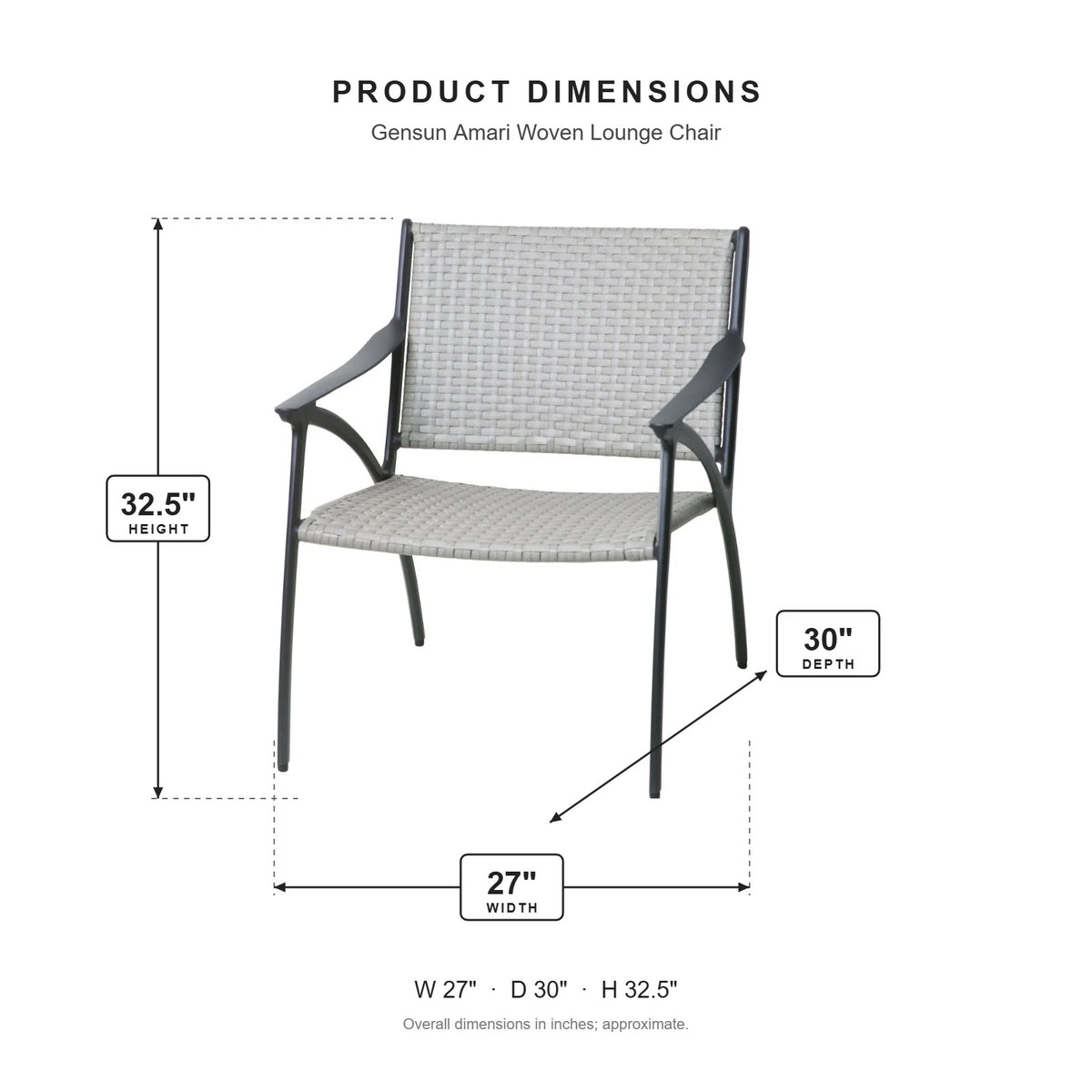 Gensun Amari Woven Lounge Chair dimensions: 27 in W x 30 in D x 32.5 in H