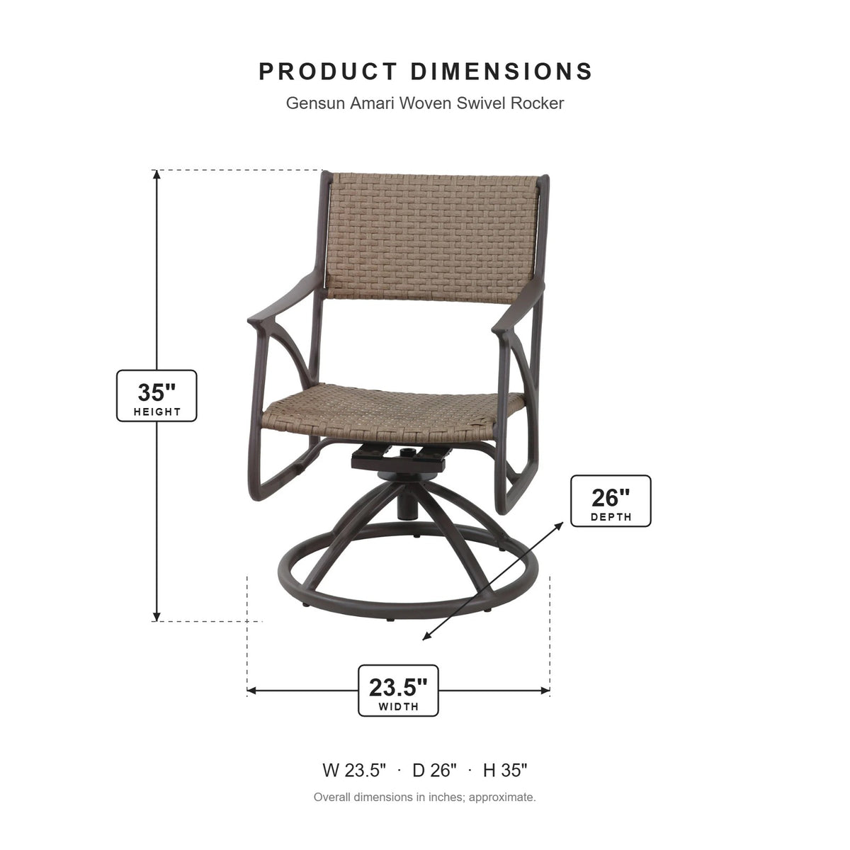Gensun Amari Woven Swivel Rocker dimensions: 23.5 in W x 26 in D x 35 in H